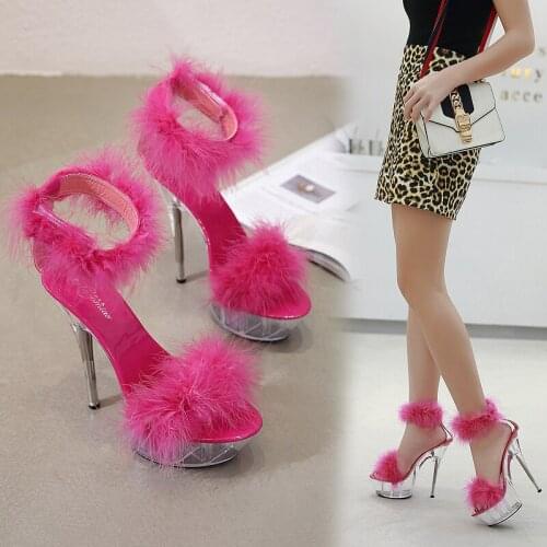 Female Sandals Women Platform Model T Stage Shows 2019 Summer Shoes Sexy High Heels 15cm Shoes Feathers Bride Wedding Shoes