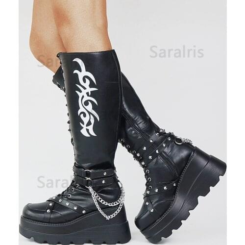 SARAIRIS Fashion Wedges Metal Decoration Motorcycle Boots Plus Size 50 Zipper Platform Metal Lattice Gothic Style Women Shoes