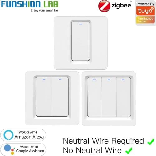 Tuya Zigbee Smart Switch Push Button Wall Light Switch No Neutral Wire and N L Required ,Alexa Google Home Compatible