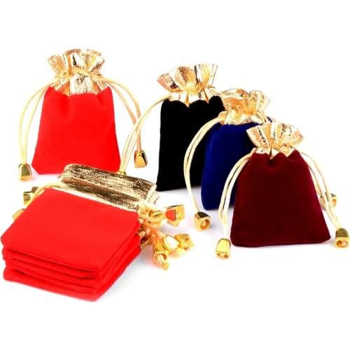 20pcs/lot 7x9cm Vintage Velvet Package Bags Gold Trim Drawstring Black Wine Red Blue Gift Bags Wedding Jewelry Packaging Pouches