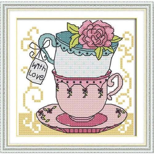 Teacup Counted Cross Stitch Patterns Kits Print Canvas Embroidery For Beginners Needlework 14CT 15x15cm DIY Home Decor Paintings