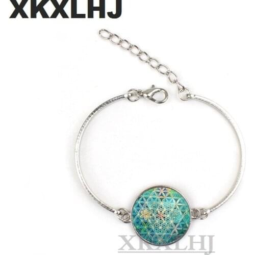 XKXLHJ New Lucky Amulet Flower of Life Art Photo Zen Silver Plated Bracelet Charm Glass Bullet Bracelet Yoga Jewelry Gift