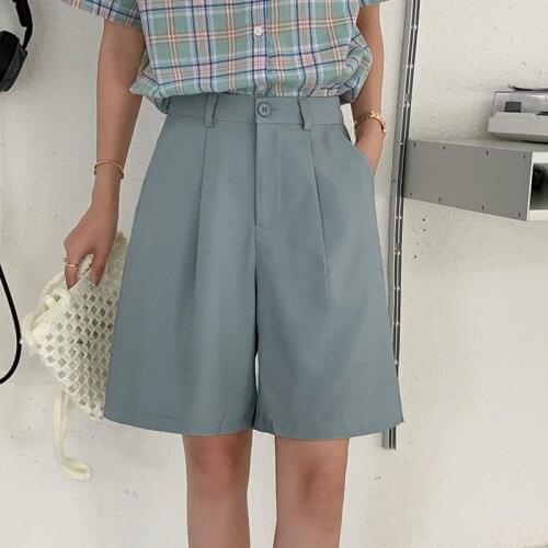 Korean Fashion High Waist Suit Shorts Womens 2021 New Clothing Solid Polyester Loose Button Basic Casual Shorts Trousers Female