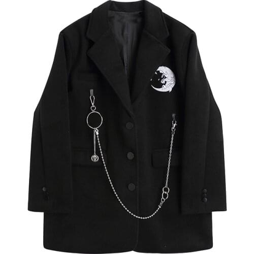 Vintage Goth Women Punk Gothic Black Blazer Harajuku Streetwear Metal Chain Patchwork Suit Loose 2020 Autumn Winter Outwear Tops