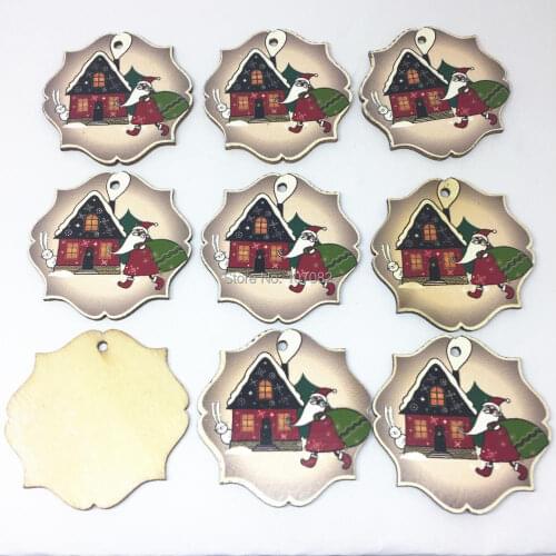 100pcs Wood Garland Shaped Christmas Tags Pendants Embellishments Santa House Patterns Xmas DIY Crafts Scrapbooking 40mm