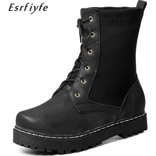 ESRFIYFE 2020 New Pu Leather Women Martin Boots Lace-up Womens Boot Female Winter Shoes Round Toe Women Ankle Boots Botas Mujer