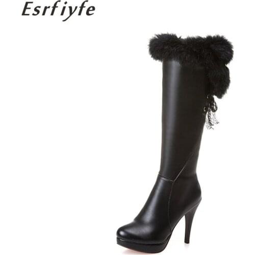 ESRFIYFE Big Size 34-43 Women Knee High Boots Fur Inside Warm Winter Boots Side Zipper Thin High Heels Shoes Platform Footwear
