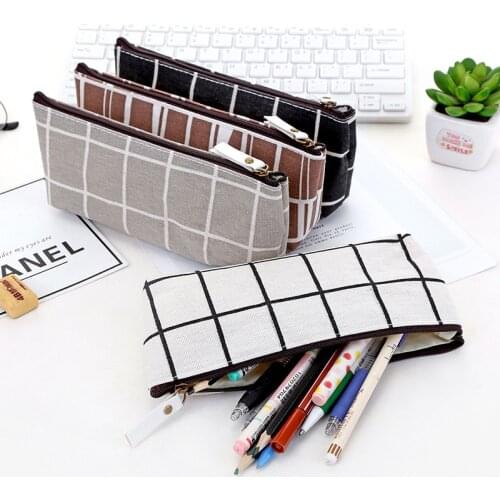 Stationery Striped Canvas Pencil Case school Pencil Bag Simple grid Writing pencilcase Office Supplies Pen bag Students Pencils