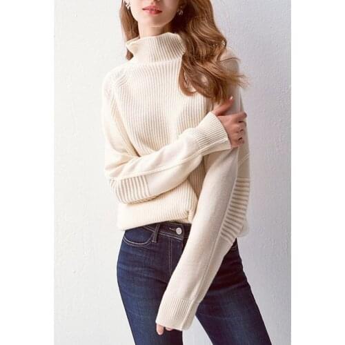 Cashmere wool blend knit women new fashion pullover sweater Hstraight wide loose high collar 7colors S-XL