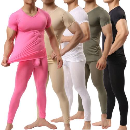 Man Undershirts Sets Ice Silk Sheer Short Sleeve T Shirts Pants Shorts Ultra-thin Transparent Tops Leggings Underwear Sleepwear