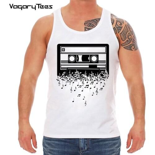 Music Lovers Summer Men Tank top Music Notes falling out Vintage Audio Mix Tape Print Vest Brand Male Tops