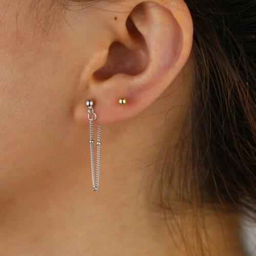 Fashion mini ball stud earring with tiny link chain paved women lady cute gold silver color chain earring for wedding jewelry