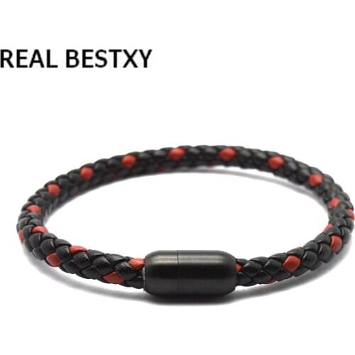 REAL BESTXY 2019 Men Jewelry Punk Black Braided Geunine Leather Bracelet Stainless Steel Magnet Clasp artificial black leather