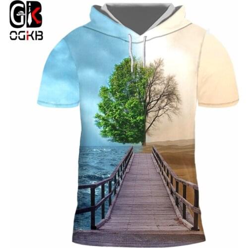 OGKB Unisex Hiphop Streetwear Punk Tees Short Sleeve Hooded Tshirt Mens 3d Print Marine Desert Tree T-shirts With Cap