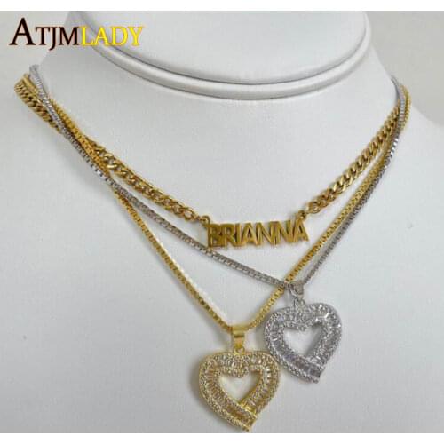 Mothers Day Gift 41+10CM Box Chain Micro Pave Baguette CZ Heart Shaped Pendant Iced Out Bling Jewelry Necklace For Women