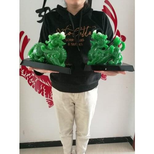 A PAIR - TOP COOL HOME SHOP FENG SHUI TALISMAN MONEY DRAWING GOOD LUCK DRAGON PI XIU GREEN CRYSTAL SCULPTURE ART STATUE # 24CM