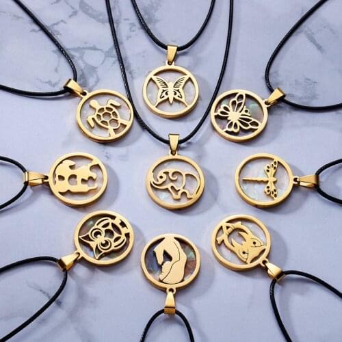 Simple High Quality Round Shell Women Necklace Lucky Elephant Owl Dragonfly Pendant Chain Girls Charm Jewelry Party Gifts