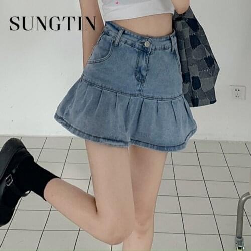 Sungtin Sexy Ruffles Mini Denim Skirt for Women Solid A Line High Waist Folds Skirt Korea Chic Skirt with Shorts Underneath New