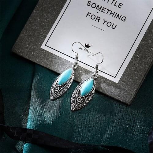 Vintage Personalized Ethnic Long Pattern Earrings Natural Blue Turquoises Stone Earrings For Women Wedding Party Jewelry Gift