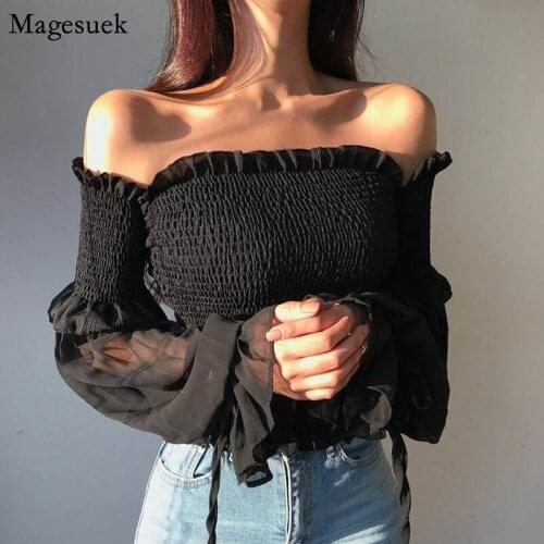 Spring Summer Casual Women Shirt Tops Pleated Slash Neck Puff Sleeve Crop Top Women Blouses Lace Up Pleated Office Shirt 12813