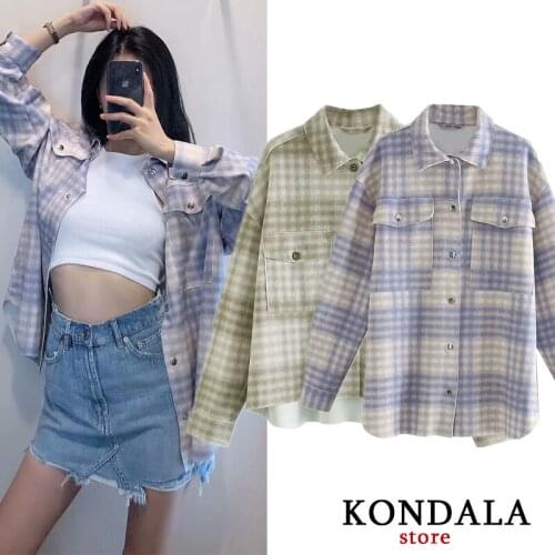 Women Blazer Wool Cotton Plaid Print Singel Button Jackets Long Sleeve Autumn Outwear Warm Shirt Jackets Female Blazer Elegant