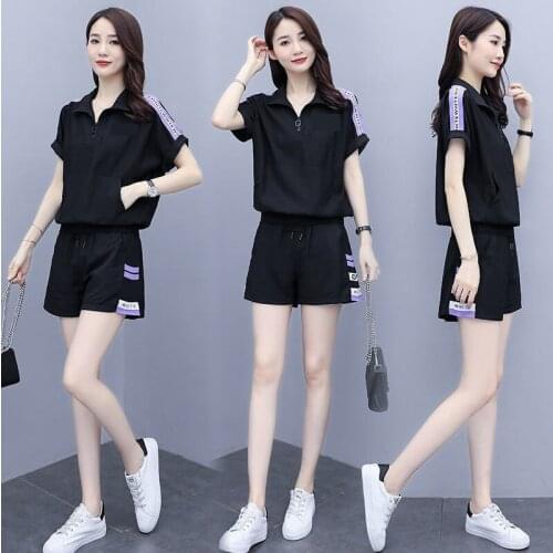 Womens Casual Tracksuit 2021 Summer New Korean Fashion Loose Crop Top Shorts Two Piece Set Plus Size Blouses For Women Clothing