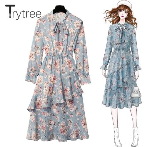 Trytree 2020 Autumn Women Casual Bow Collar Flare Sleeve Print Fashion A-line Ruffles Mid-Calf Loose 2 Colour Office Lady Dress