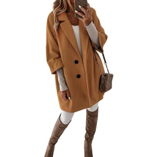 Women Casual Autumn Winter 3/4 Sleeve Pockets Buttons Long Coat Loose Jacket New Turn-Down Collar Coat Long Sleeve Warm Jackets