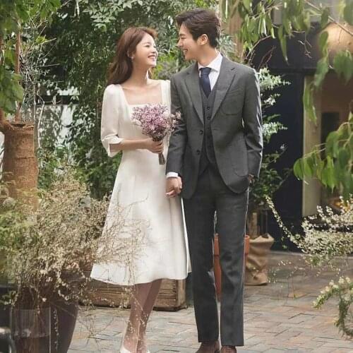 2021 Simple Korea Style Square Neck Tea Length Satin Wedding Dresses Bridal Vestidos De Novia