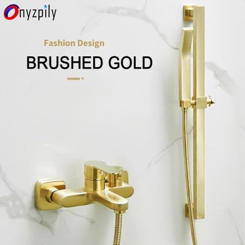 Onyzpily Brushed Gold Bathroom Shower Faucet Rain Shower Bathtub Mixer Tap With Lifting Rod Hand Shower Mixer shower taps