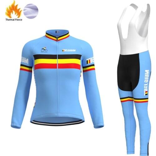 2013 Racing Belgium Team Retro Woman Fleece Blue Cycling Jersey Long sleeve Set winter Mtb Bike Jersey maillot ciclismo mujer