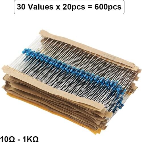 600 Pcs/lot 30 Kind of Resistance Resistors 1/4 W Metallic Film 1% Precision 10Ω to 1KΩ Resistor for Arduino Raspberry Pi Pico