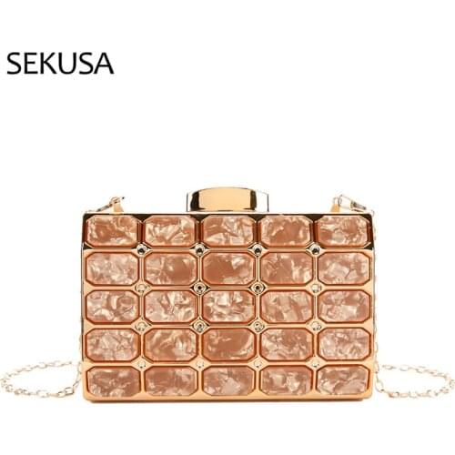 Acrylic Fashion Women Evening Bags Flap Design New Chain Shoulder Hollow Golden Luxury Party Day Clutch