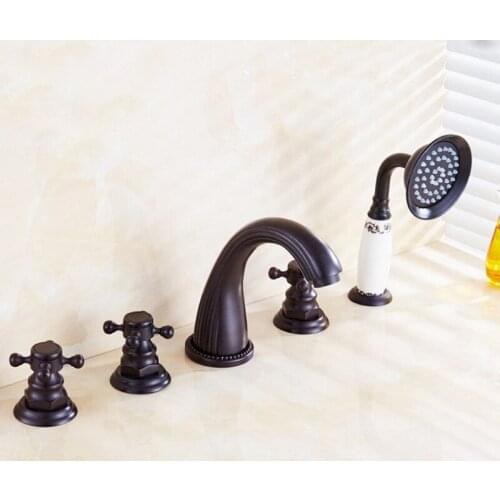 Oil Rubbed Bronze Bathroom Bathtub Faucet Basin Faucet Deck Mounted Handheld Tub Mixer Tap Cold Hot Mixer Water Tap Hand Shower