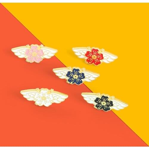 Cherry Blossom Enamel Pins Custom Angel Wings Brooch Lapel Badge Bag Cartoon Plants Jewelry Gift For Kids Friends Wholesale