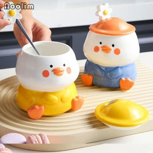 European Ceramic Hand Painted Cartoon Duck Coffee Mug with Lid Spoon Cute Breakfast Milk Mug Office Tea Cup Drinkware 400ML
