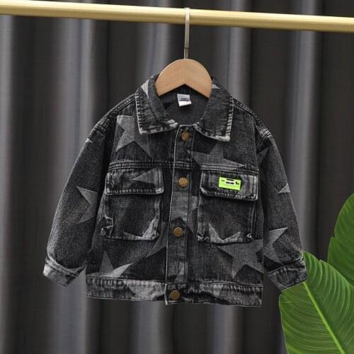 Cool Black Boy Denim Jacket Spring Autumn Kids Casual Jacket Girls Stars Printing Jeans Coats Boys Girls Denim Outerwear 2-8T