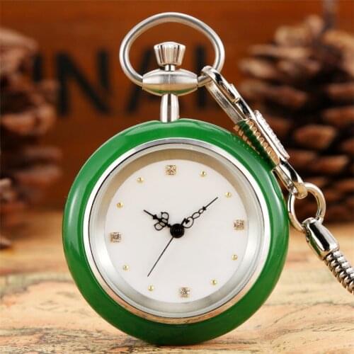 Minimalist Retro Green/White/Red Jade Quartz Pocket Watch Silver Snake Pocket Chain Pendant Antique Pocket Clock Gift Men Women