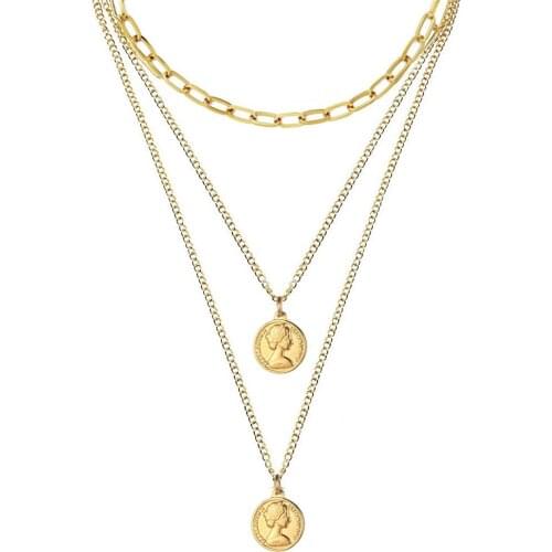 Stainless Steel Multi Layer Square Link Chain Coin Choker For Women Beauty Head Portrait Pendant Necklace Jewelry