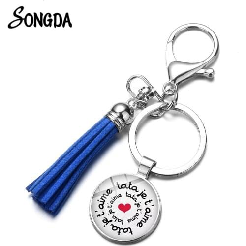 Fashion Super Tata Cartoon Print Keychain French Letter Art Design Colorful Leather Tassel Key Ring Chain Teachers Gifts