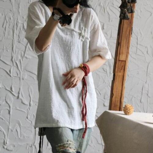 Soft Linen Long T-shirt Women Summer 2017 National Style Half Sleeve Oblique Cloth Button Tops Original Art T Shirt