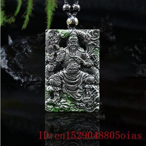 Jade Guangong Pendant Necklace Jewellery Fashion Gifts Amulet Carved Chinese Black Green Charm Natural