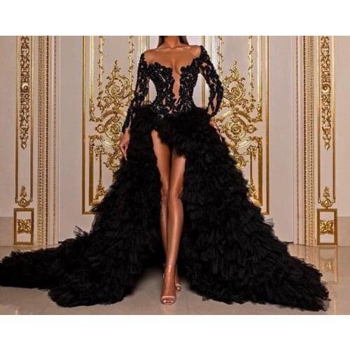 2021 New Black Tutu High Low Prom Dresses Lace Beaded Pearls Long Sexy Prom Gowns Ruffles Tiered Formal Dress