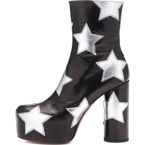 Autumn Ankle Boots For Women Round Toe Chunky Heels Platform Shoes Women Zipper Waterproof Stars Winter Boots Women Botas Mujer