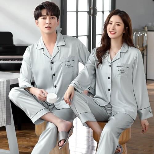 Couple 2PCS Gray Satin Sleep Suit M-3XL Loose Pajamas Turn-down Collar Shirt&Pant Sleepwear Spring Autumn New Nightwear Big Size