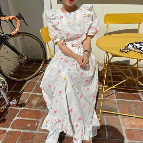 Summer Korean Floral Print Fairy Dress Women Elegant Temperament Designer Party Midi Dress Female Holiday Outdoor Kawaii Dress