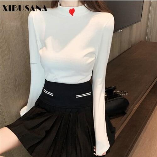 XIBUSANA Casual T-shits Women Pullover Shirts 2021 Spring Autumn Fashion Female Solid Long Sleeve all-match Bottom Shirt Tops