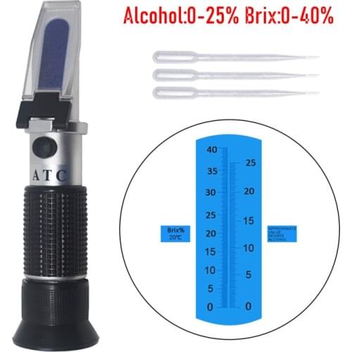 Handheld ATC Refractometer Alcohol 0-25% 0-40% Brix Sugar Grape Juice Concentration Meter Densimeter