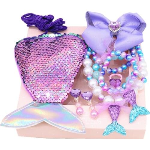 Mermaid Accessories Jewelry Set Sequins Purse Necklace Bracelet Bow Hair Clip Shell Earring Gift for Elsa Princess Girls