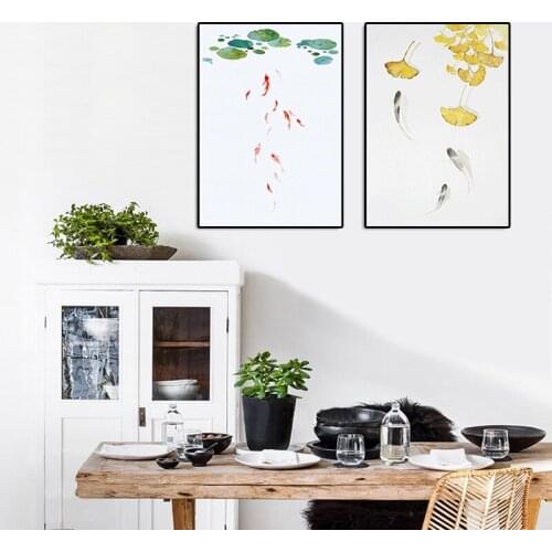 Modern Nature Style Fish And Leaves Canvas Painting Ink Minimalism Posters And Prints Wall Pictures For Living Room Decor